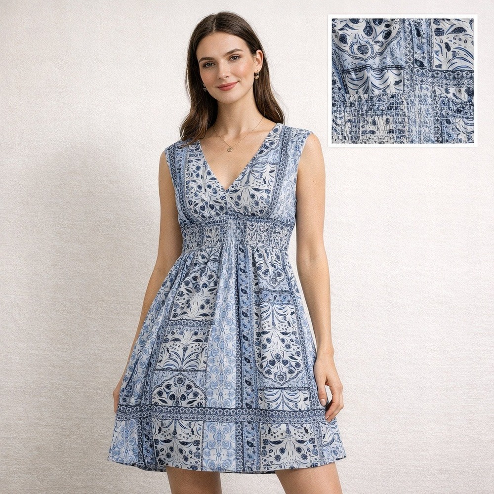 Old Navy Dress 2X Blue White V Neck V Back Tie Smocked Waist Boho Summer Beach - Picture 2 of 14